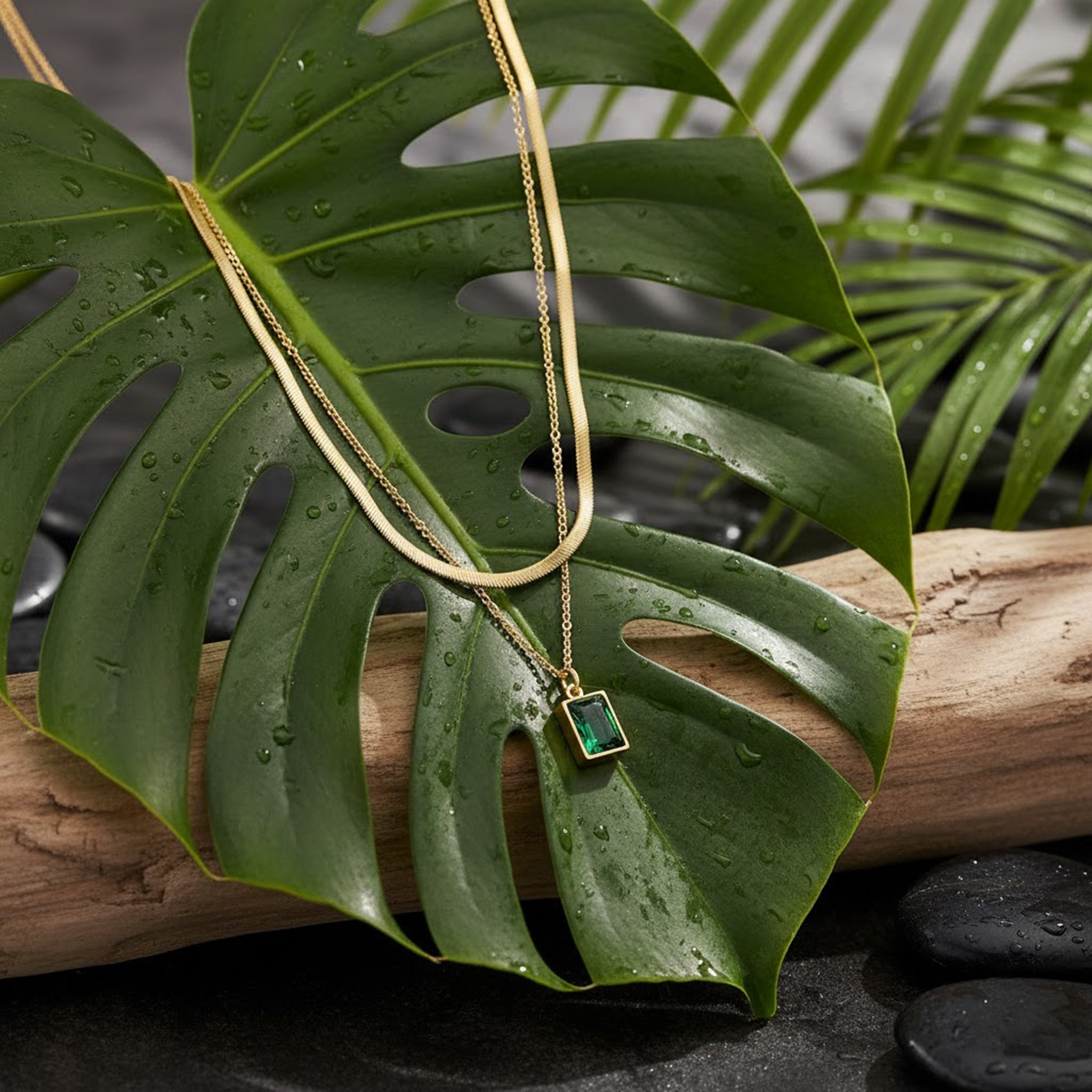 Gold Snake Chain and Green Zircon Pendant Set