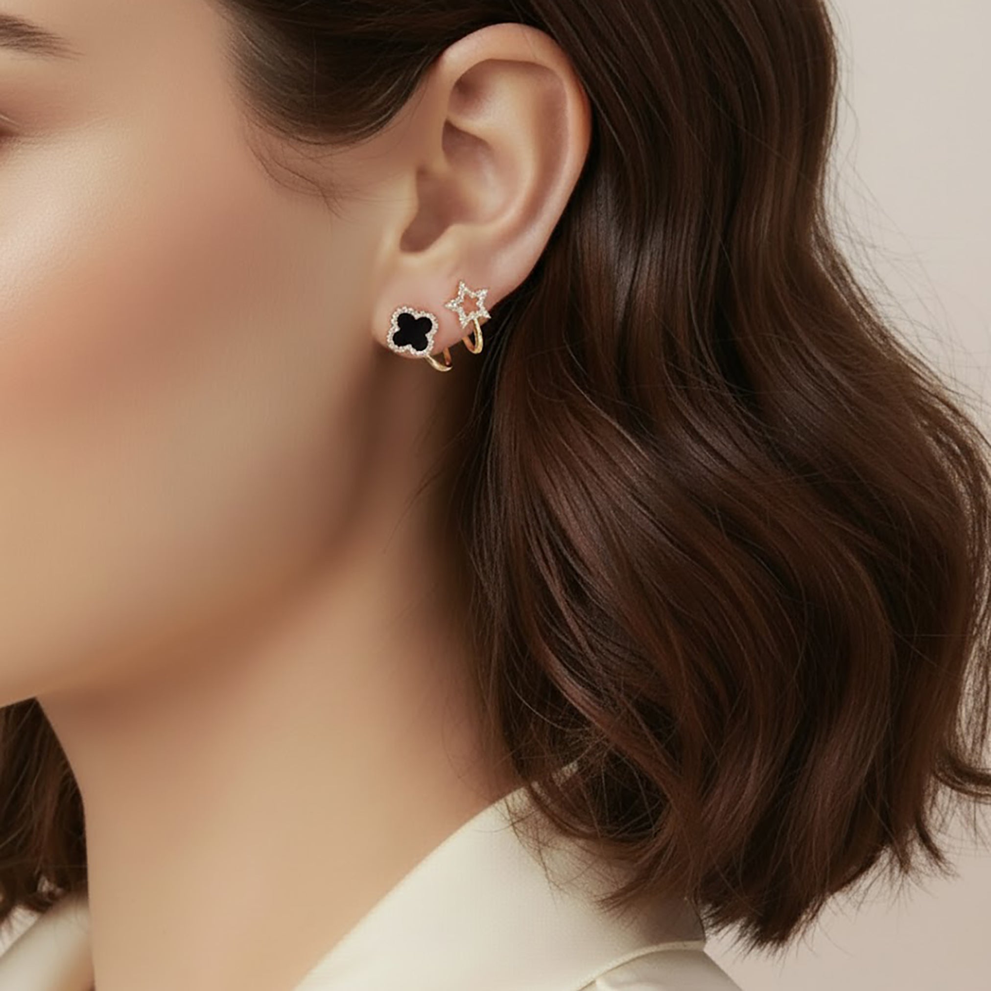 Modern Gold & Black Star-Clover Earrings