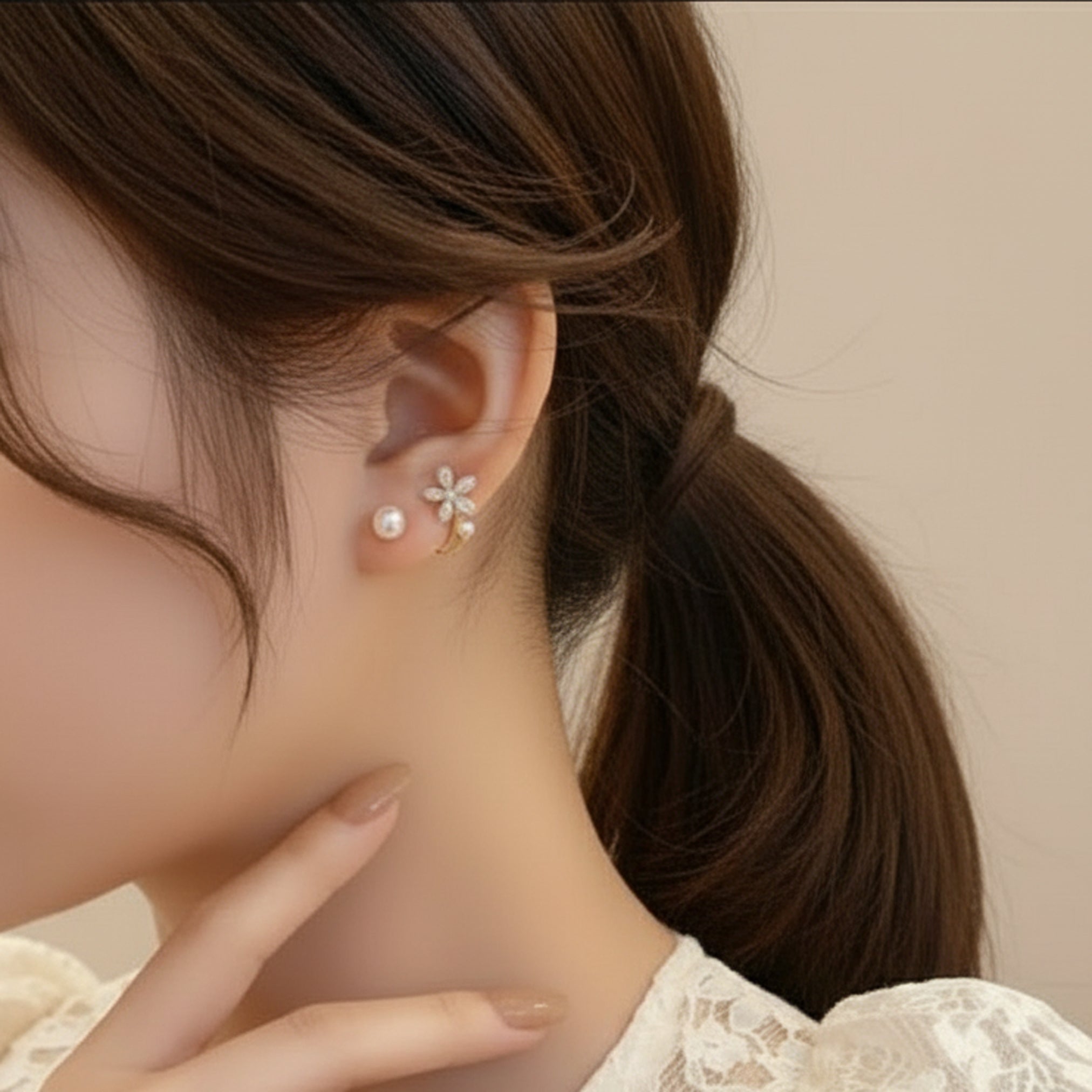 Pearl and Flower Front-Back Earrings