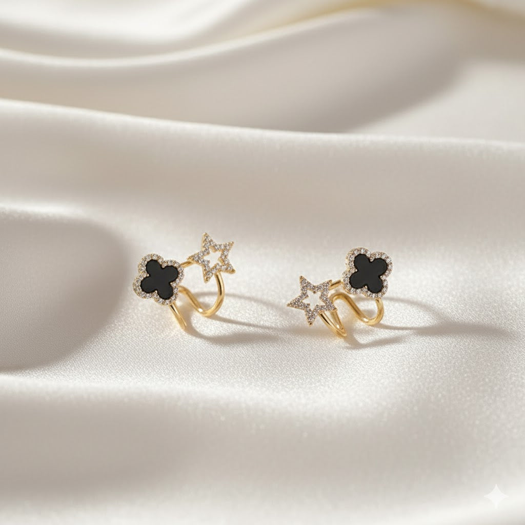 Modern Gold & Black Star-Clover Earrings