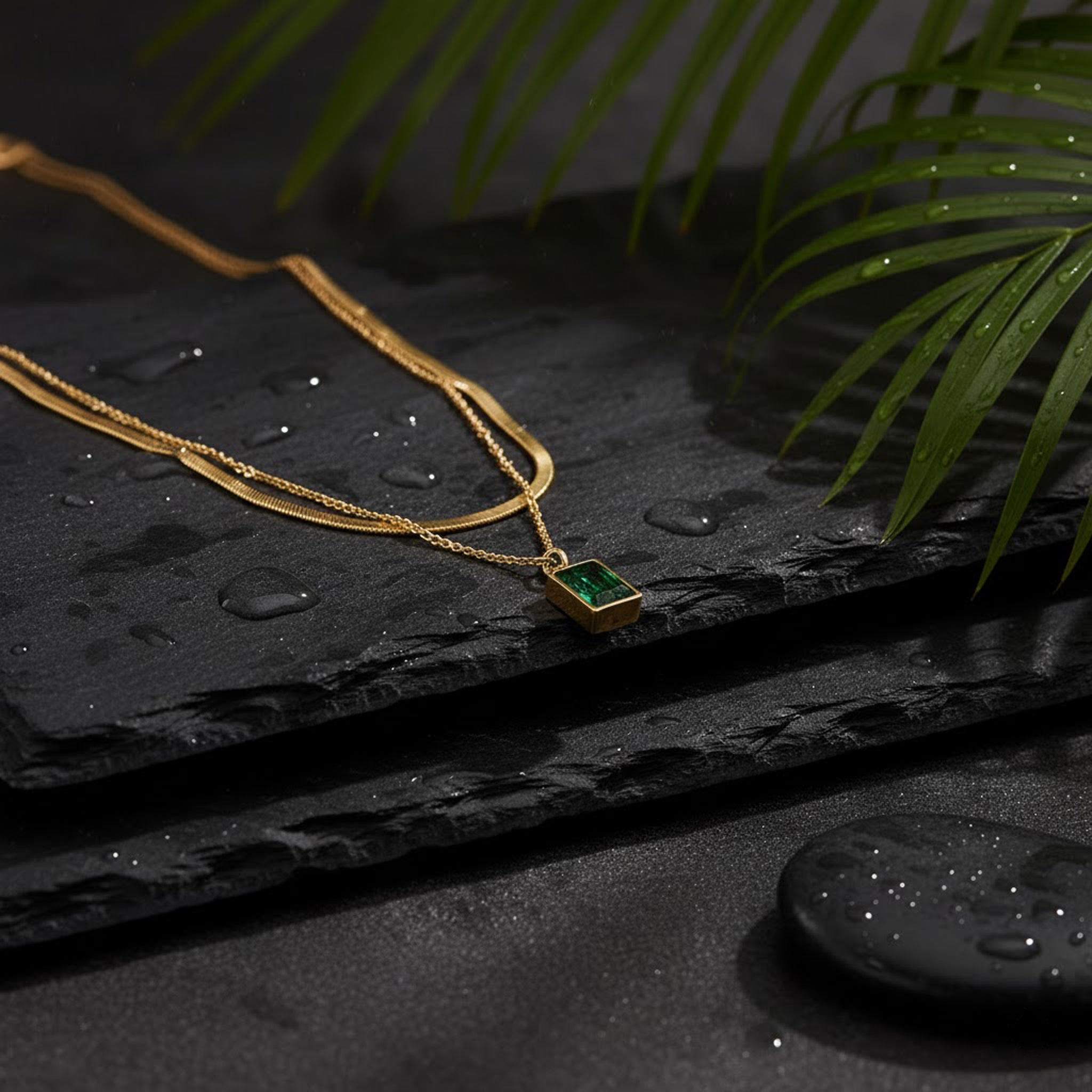 Gold Snake Chain and Green Zircon Pendant Set