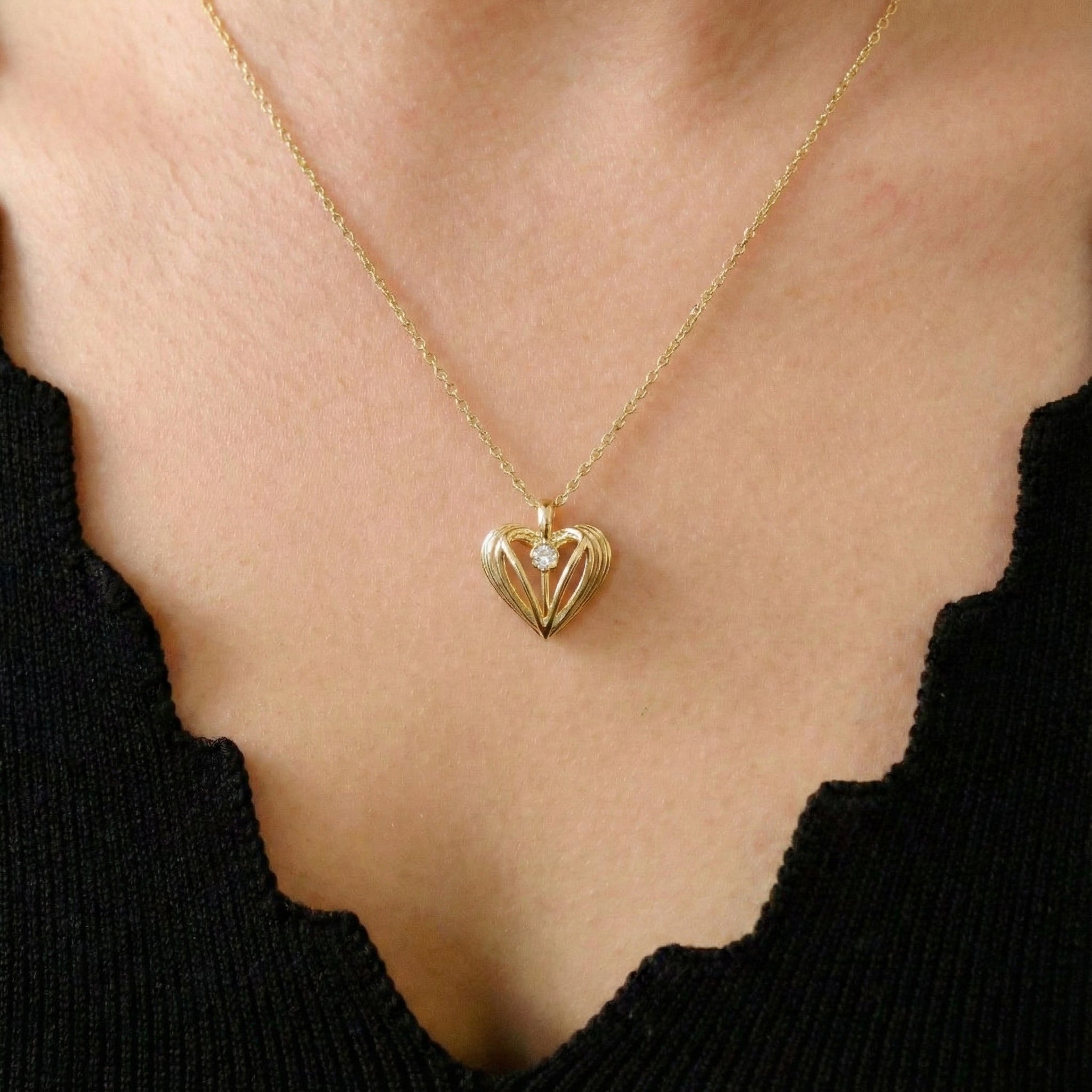 Gold Pleated Heart Pendant