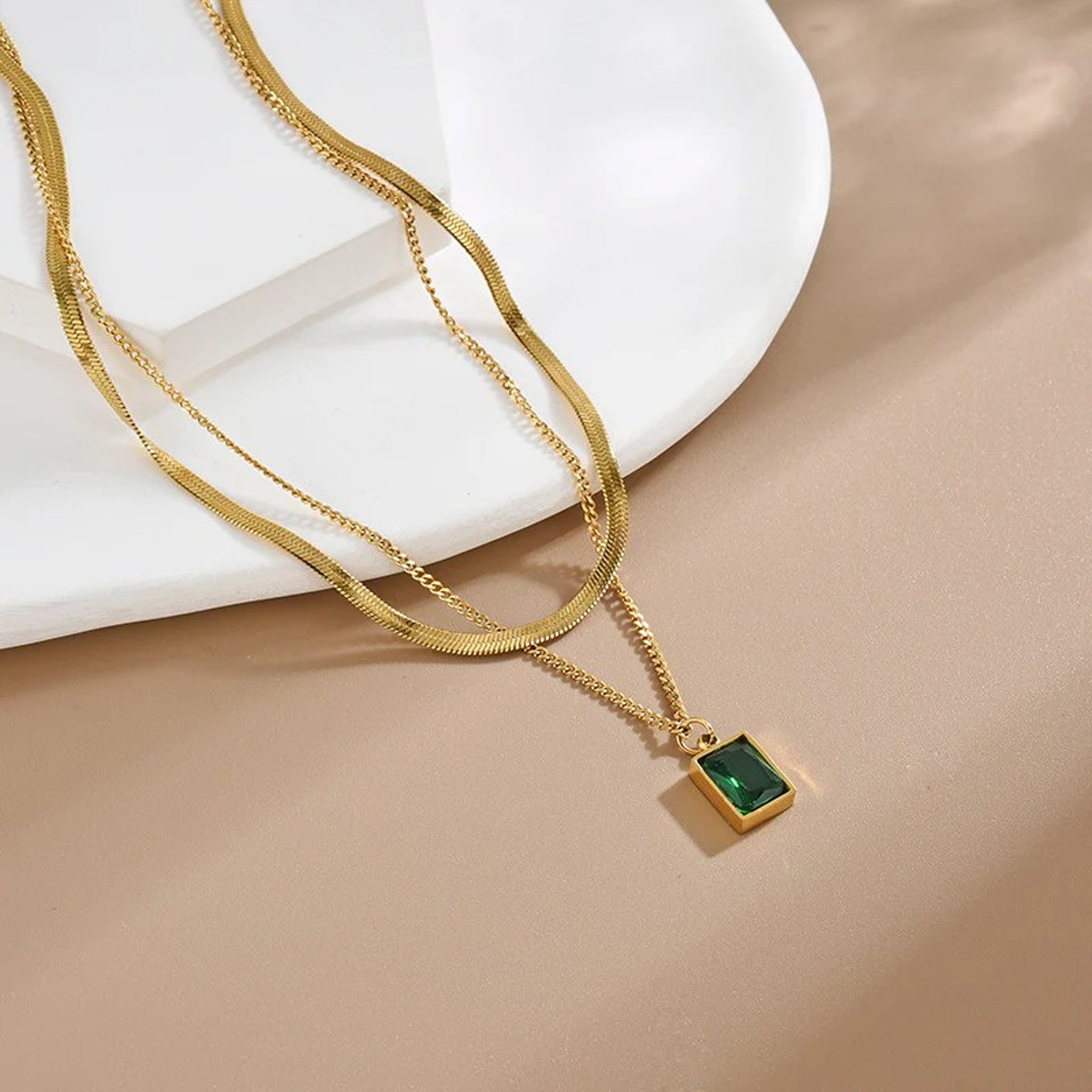 Gold Snake Chain and Green Zircon Pendant Set