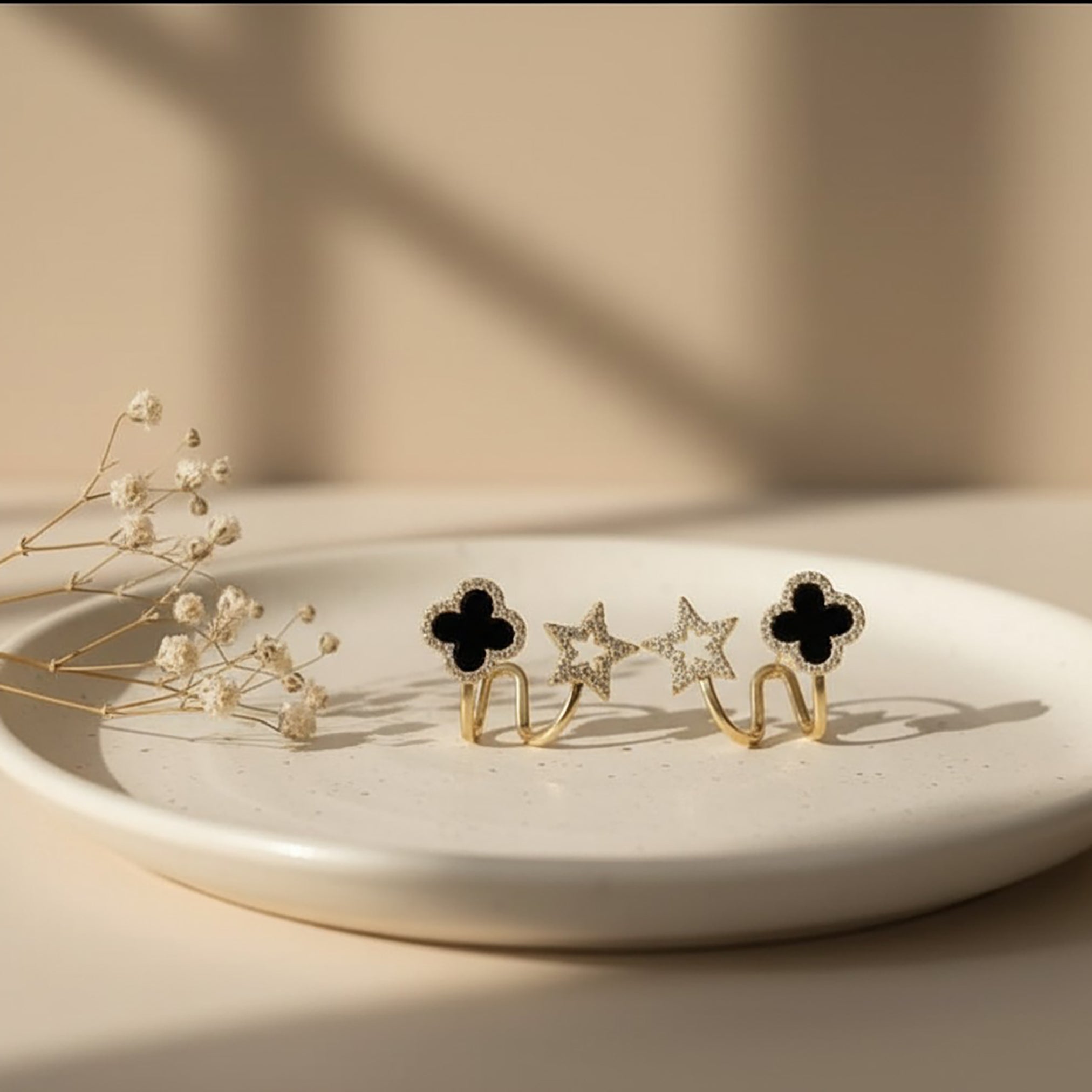 Modern Gold & Black Star-Clover Earrings