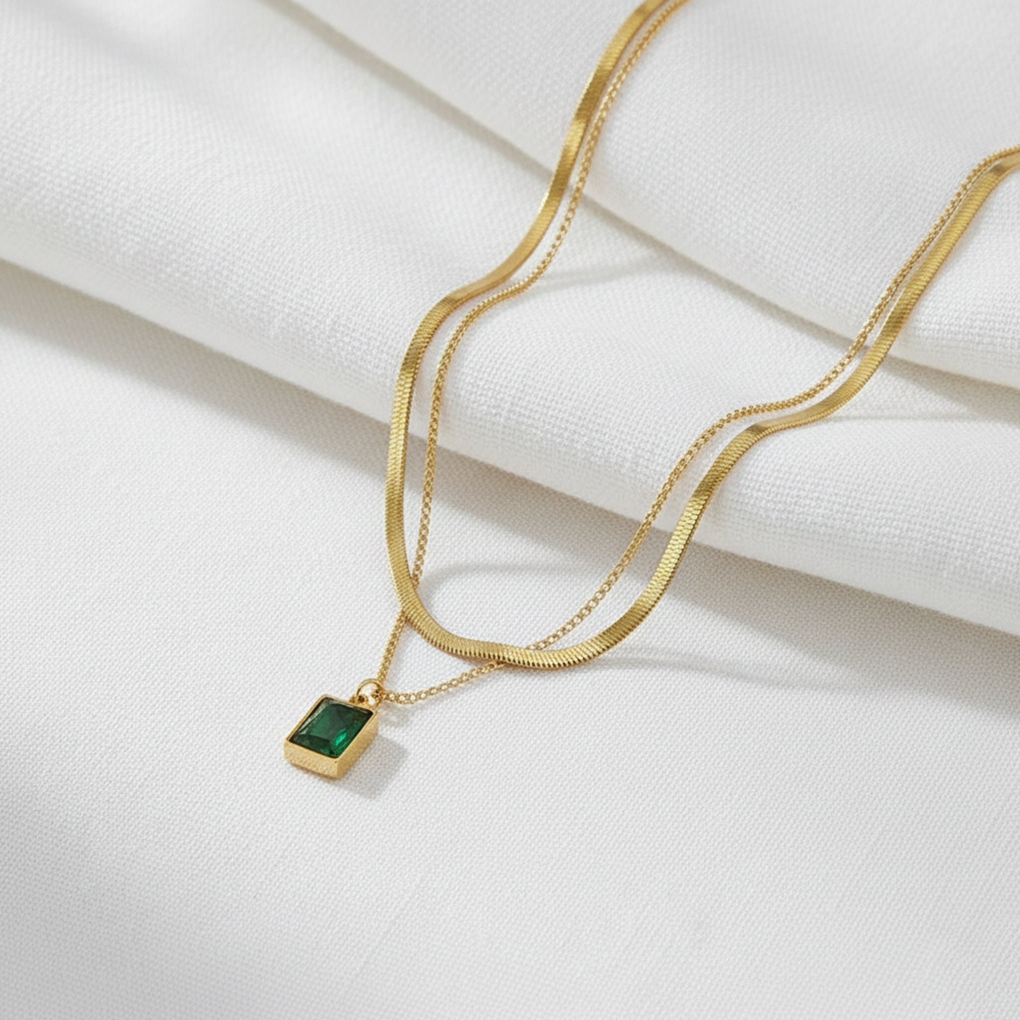 Gold Snake Chain and Green Zircon Pendant Set