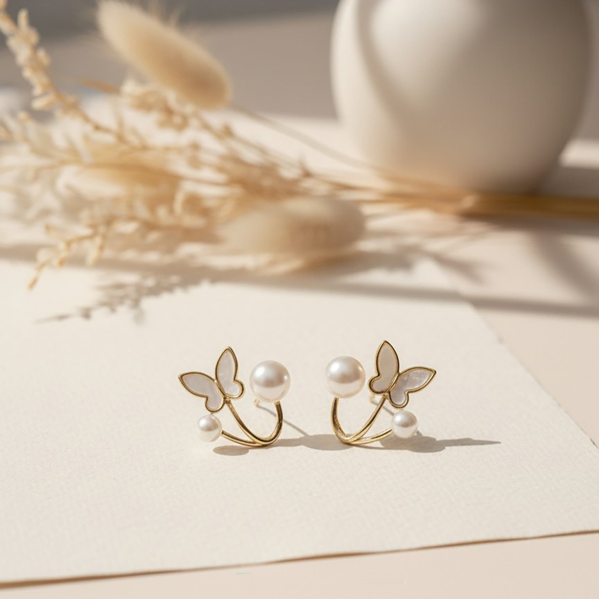 Chic Butterfly & Pearl Stud Earrings