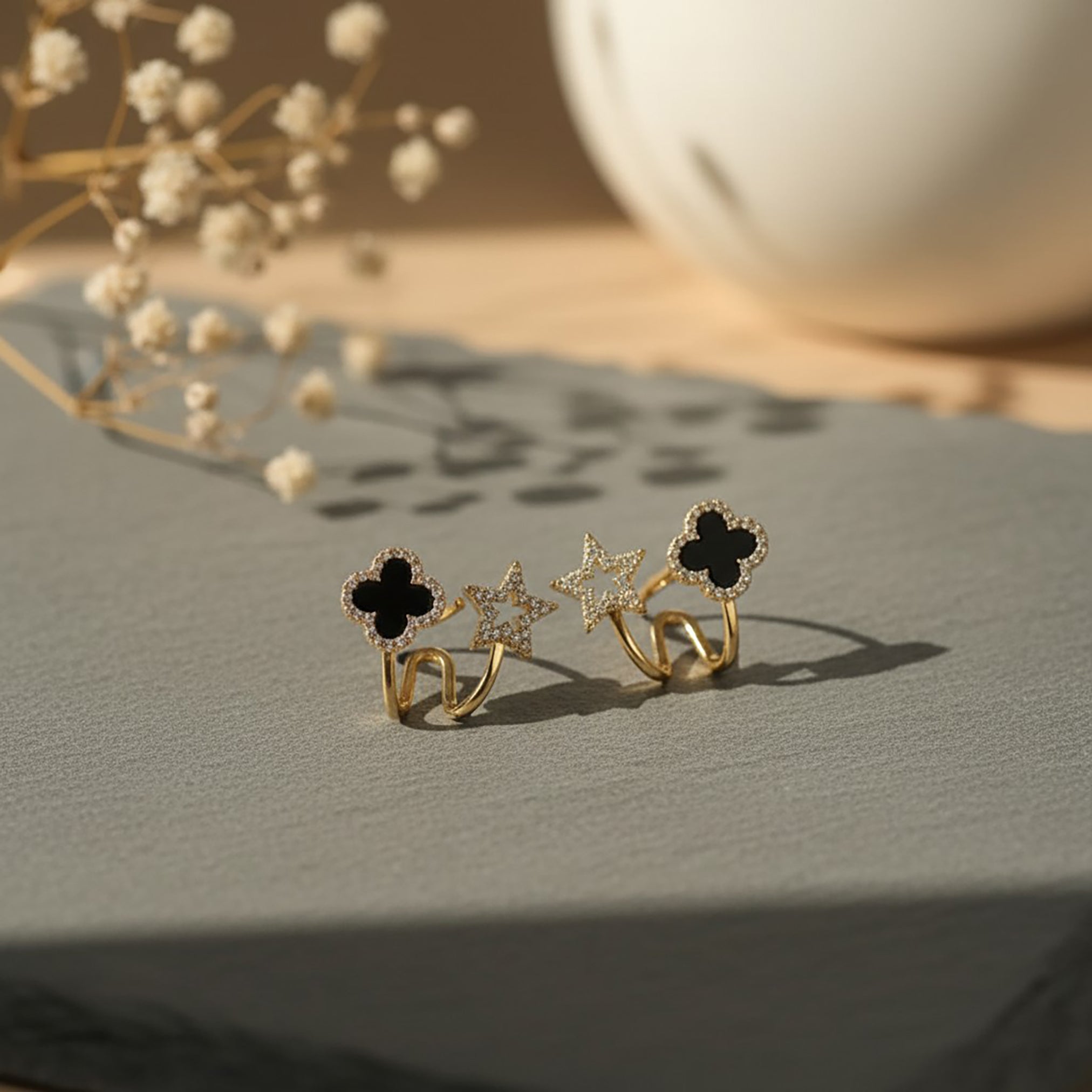 Modern Gold & Black Star-Clover Earrings