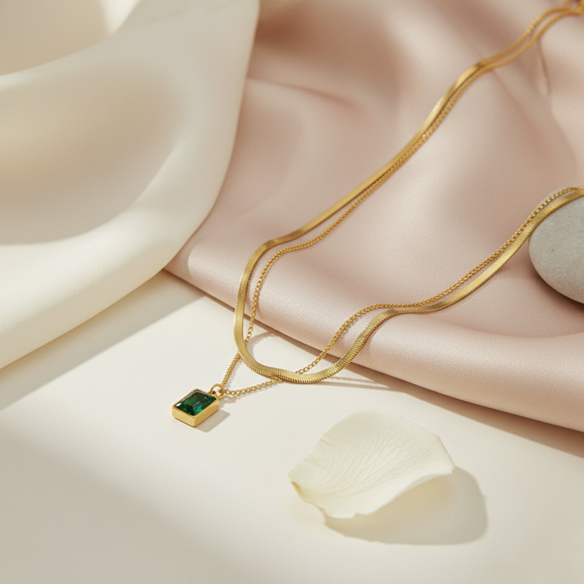 Gold Snake Chain and Green Zircon Pendant Set