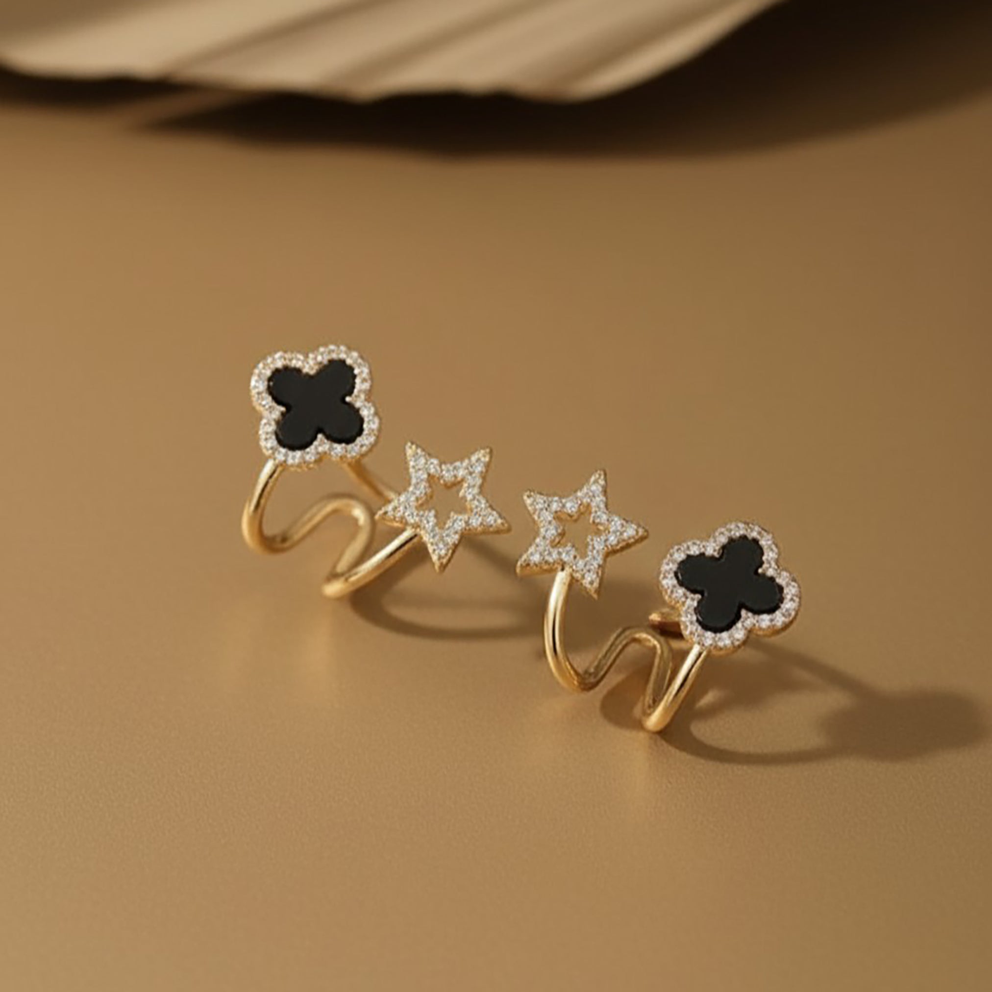 Modern Gold & Black Star-Clover Earrings